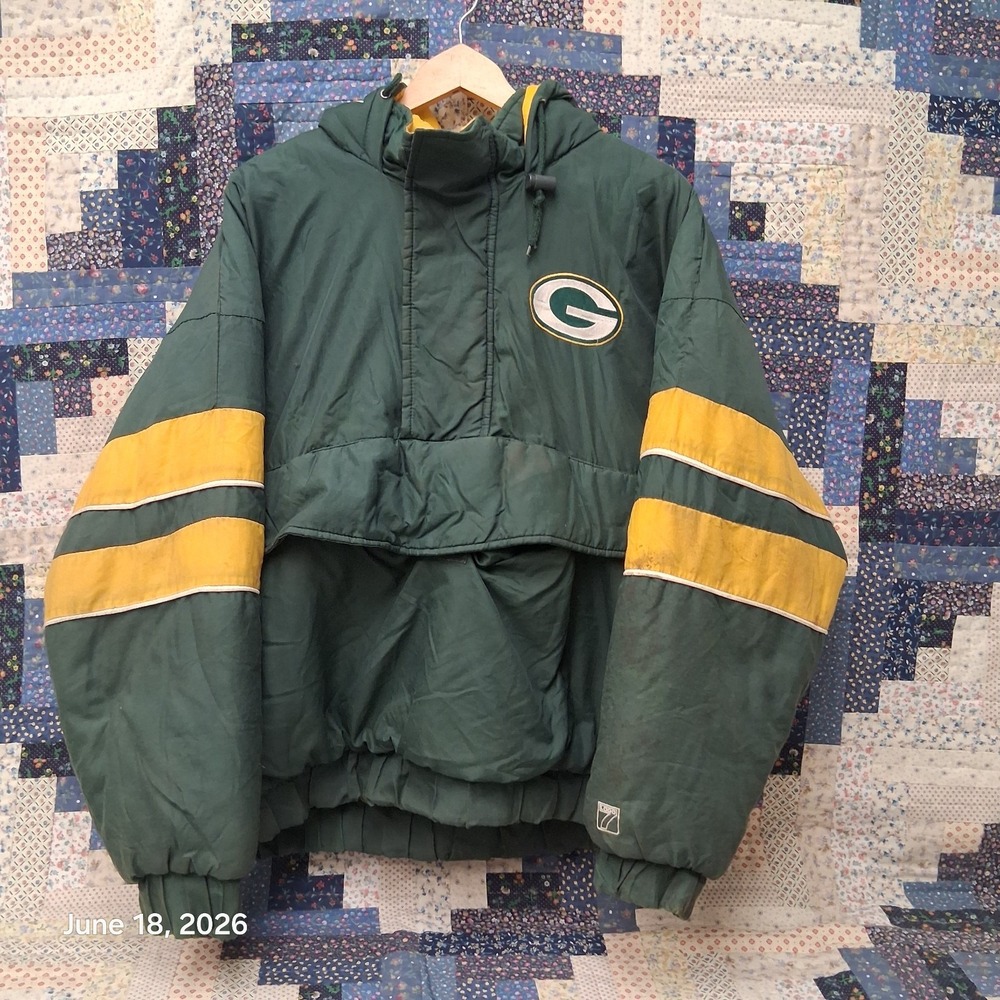 Vintage Green Bay Packers Game Day Logo 7 Pull Over Hooded Puffer Jacket Size XL